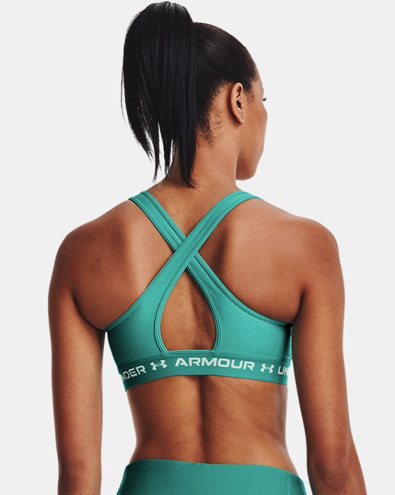 Women's Armour® Mid Crossback Heather Sports Bra, Green, pdpMainDesktop image number 1